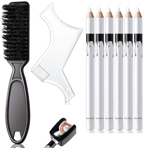 RAYAKT Crayon de coiffure blanc pour tracer la ligne de cheveux et sculpter la barbe - Ensemble taille-crayon, règle et pinceau pour homme - Pour dessiner et tracer les contours