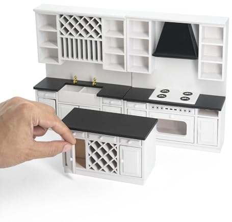 Odoria Miniatura Cocina Casa de Muñecas: Escala 1/12 Mostrador Encimera de Cocina Isla Blanco Moderno - Mini Estufa Horno Cocinar Modelo - Micro Fregadero Armario Mueble Madera