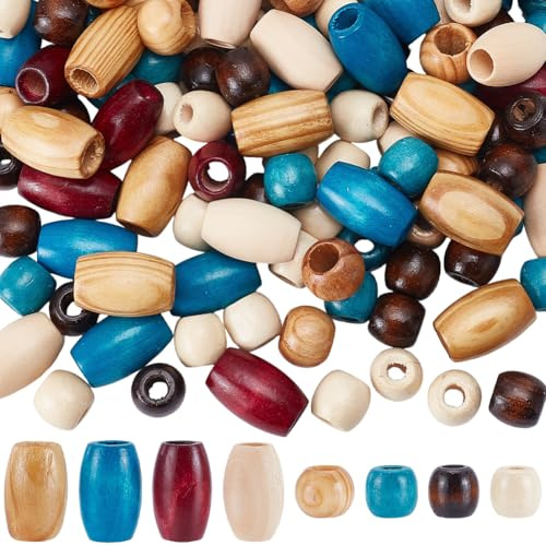SOFPLATE 140Pcs 8 Styles Macrame Wooden Beads Large Hole Wood Beads Barrel Round Column Shaped Natural Craft Spacer Charms for Jewellery Making Hair Braids DIY Crafts Projects Home Decorations Adults