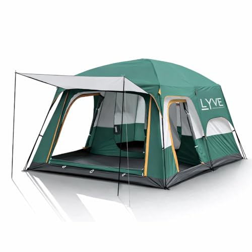 Lyve Tente Familiale XL – Tente de Camping Étanche avec 2 à 3 Cabines de Couchage – Cabines Deep Sleep Occultantes – Colonne d’Eau 8000 mm – 4/6 / 8 Personnes – Verte