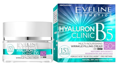 Eveline Cosmetics Hyaluron Clinic Crème Anti-Rides Liftante Multi-Nourrissante Contre La Décoloration 60+ | 50ml | Crème Jour Nuit Anti-Âge | Sérum Lifting Visage Peau Mature | Régénération Intense