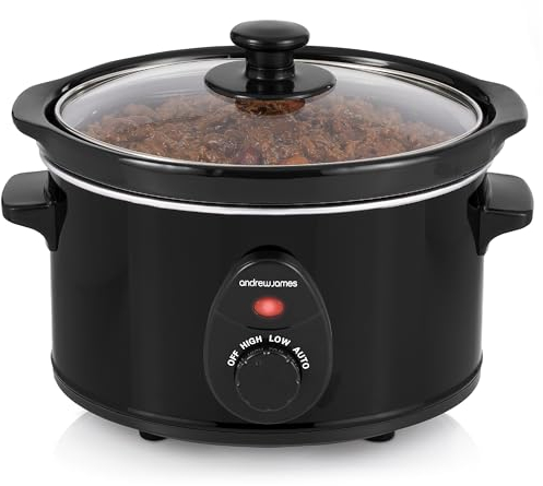 Andrew James 1.5L Slow Cooker - Roast-to-Rest – Compact Small Slow Cooker for 1–2 People with Oven-Proof Ceramic Pot, Easy-Clean Design, 3 Heat Settings & Glass Lid