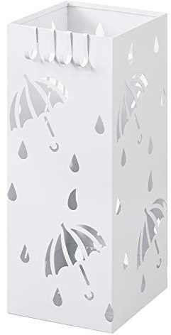 Lestarain Schirmständer Metall Regenschirmständer Schirmhalter mit Wasserauffangschale und Haken Quader Weiß 20x20x49 cm