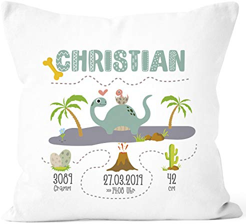 SpecialMe® personalisierbares Kissen zur Geburt, Geburtskissen Junge Dino Dinosaurier, Namenskissen Geschenk Geburt Baby, Kissen-Bezug ohne Füllung weiß Unisize