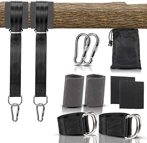 Sangles de Hamac d'extérieur, Fixation de Balançoire de Suspension 2 Mousquetons et Anneaux en D Robustes, Max 500kg en Polyester Résistant aux Déchirure avec 2 Coussinets de Protection d'arbre(1.5m)