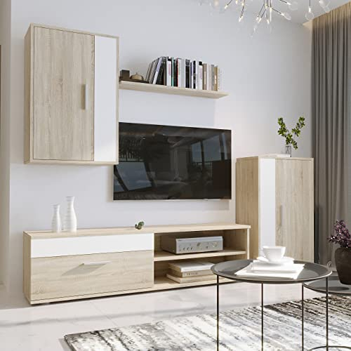 Homely - 4 Muebles de Modular Ibiza Mini | Conjunto Completo | Mueble para Televisión + Mueble Bajo + Mueble Alto + Estantería | Color Roble y Blanco