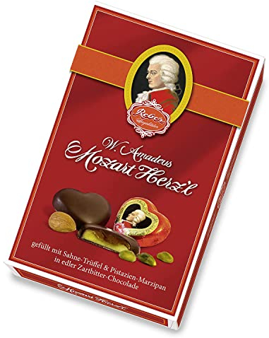 Reber Mozart Herz'l, Zartbitter-Schokolade, Pistazien-Marzipan, Sahne-Trüffel, Besonderes Design, 24er-Packung