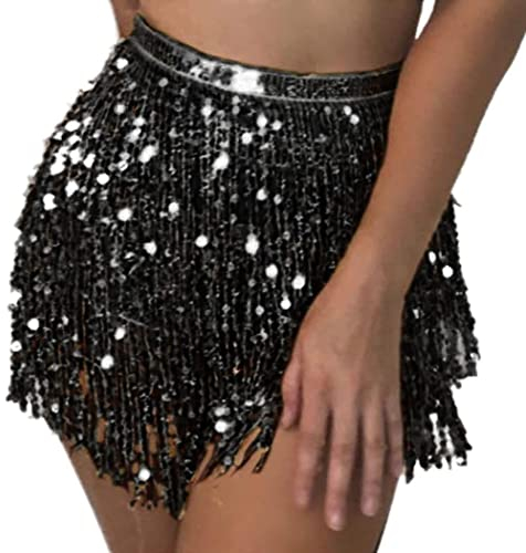 Flovel Glitzernder Paillettenrock Fransen Glitzerrock Schwarz Bauchtanzkostüm Rave Rock für Damen