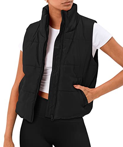 AUTOMET Women‘s Cropped Puffer Vest, Y2K Inspired Sleeveless Gilet for Fall Winter Spring, Casual to Street OuterwearBlack S