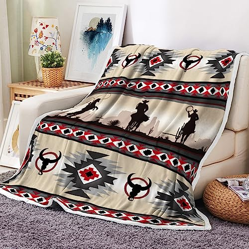 Southwestern Überwurfdecken, Bullenschädel, Aztekenmuster, Indianer-Muster, Tribal, Navajo, Boho, gemütlich, warm, Bett, Couch, Decke, Western-Cowboy, geometrische Fleece-Flanell-Überwürfe zur