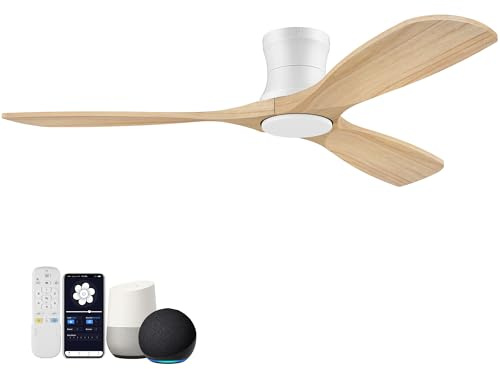 52” Smart Wood Flush Mount Ceiling Fans with Lights and Remote,Quiet DC Motor,Outdoor Indoor Ultra Low Profile Ceiling Fan works with Alexa WIFI APP,Modern White Ceiling Fan for Bedroom Patio