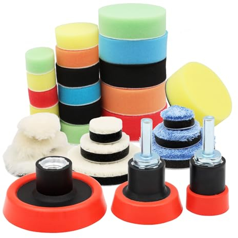 VEGCOO 32 Pcs Car Polishing Pad Kit - Drill Attachment with M14 Adapters, Sponges Buffing Pads for Sanding, Polishing, Waxing