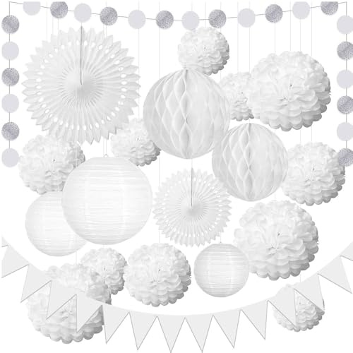 ANCLLO 20 Piezas Juego de Linternas de Abanico de Papel Blanco Decoración de Boda Blanca Flores de Pompones Colgantes Banderín de Bola de Panal para Despedida de Soltera Decoración
