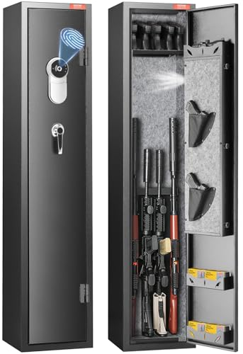 VEVOR Armadietto a 5 fucili, Cassaforte per armi da fuoco 2 modi di blocco impronta digitale e chiavi, con ripiano rimovibile e supporto per pistole per riporre armi lunghe, casa