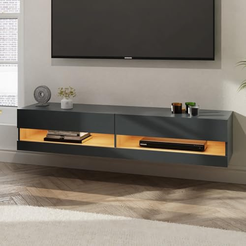 GFW Leon Wall Mounted TV Unit with LED Downlight, Floating AV Storage Shelf with Lift-Up Doors for Living Room