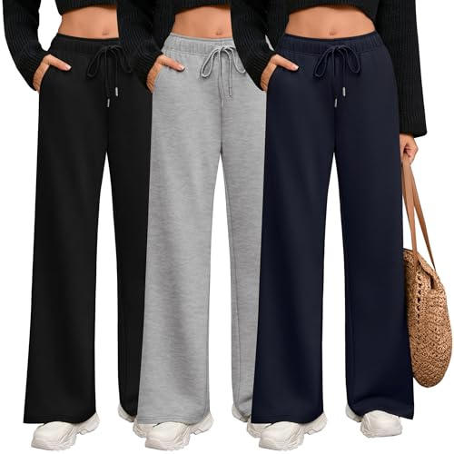 Riyiper Paquete de 3 Pantalones Deportivos de Pierna Ancha para Mujer Rectos con Cordón y Cintura Elástica y Bolsillos(Azul Marino, Gris Claro, Negro,L)