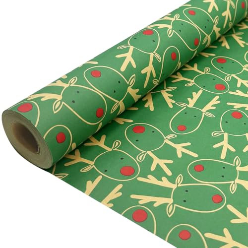 Weihnachts-Geschenkpapierrolle für Geschenke: Rotes Geschenkpapier aus Kraftpapier mit festlichem Elch-Design, recycelbar, 43 cm x 15 m, Geschenkpapier