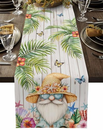Dwarf Seaside Shell Starfish Table Runner 13x48in Inches Long Soft Table Runners Dresser Scarf, Palm Tree White Wood Grain Kitchen Dining Tablerunners for Home Party Decor