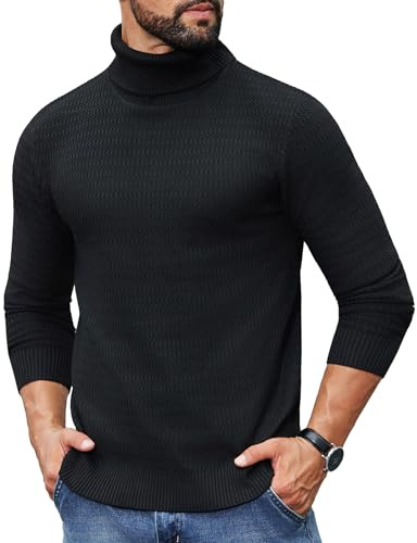 COOFANDY Pull col roulé Homme Manches Longues Tricot Fin Pull décontracté col roulé Basique Unicolore Pull d'hiver Noir 3XL
