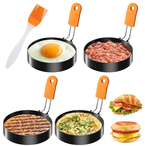 BREANIFULL 4 PCS Egg Rings Stainless Steel Silicone Egg Rings for Frying Fried Egg Mould with Anti-Scald Folding Handle Non Stick Coating Suitable for Egg Frying,Shaping,Pancakes,Mini Burger