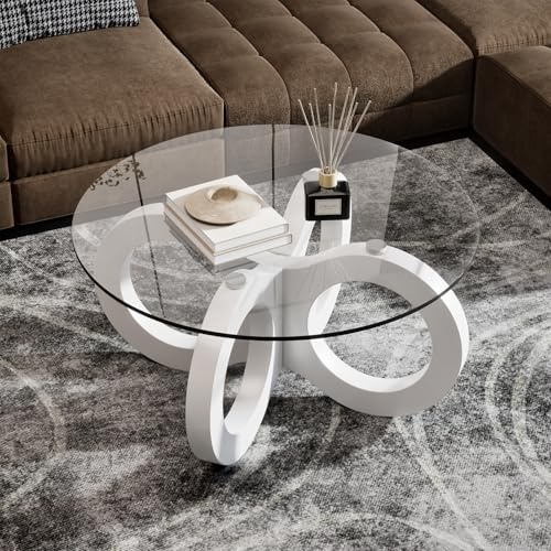 AuraFurn Mesa de centro redonda de cristal, mesa de cristal moderna con estructura curva, vidrio templado + tablero de densidad, mesa de salón para espacios pequeños, oficina, dormitorio, mesa