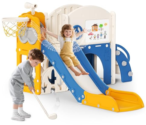 Tobogán infantil con diseño de alce navideño, con juego de golf, tobogán para bebé, dispositivo de parque infantil, para interiores y exteriores, independiente (azul y naranja, 6 en 1)