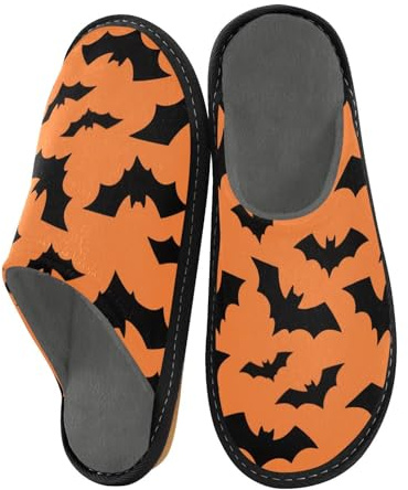 miaozhen Pantoufles d'Halloween chauve-souris noires et orange pour femme - Chaussons d'intérieur pour femme - Chaussures d'intérieur en mousse à mémoire de forme - Pantoufles de lit pour femme