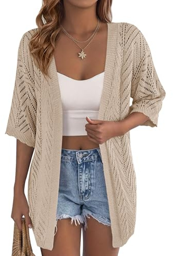 PRETTYGARDEN Women's Lightweight Summer Cardigans 2026 Short Sleeve Knit Crochet Coverups Spring Boho Beach Vacation Clothes (Light Khaki,Large)