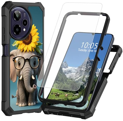 DIGTIALL Fodral för Cricket Icon Plus 2026 6,9 tum med härdat glas skärmskydd, dubbla lager kraftigt stötsäkert skyddande fodral för Icon Plus 2026, solroselefanter