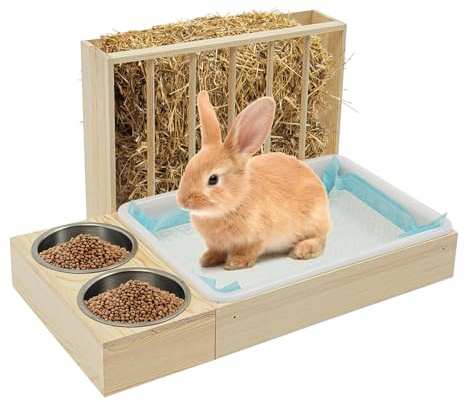 Zhadyu Distributeur de Nourriture pour Lapin - Station Alimentation Bois Animaux Compagnie,Mangeoire Cage Hamster Bol À Nourriture Râtelier À Foin | Pour Chinchilla Poule Furet Hérisson Cage Intérieur