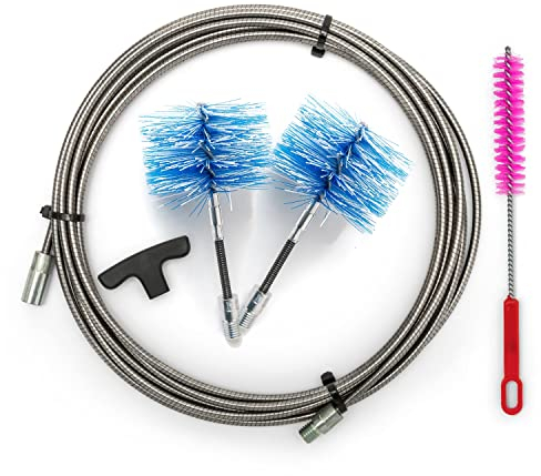 BARETTO Kit Nettoyage Poêles à Granulés, Rallonge en INOX de 9 Mètres pour Le Nettoyage des Poêles à Granulés avec Coude de 90°, Kit avec 2 Brosses Flexibles en Nylon (1 80 mm et 1 100 mm)