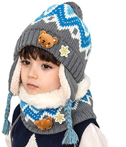 DORRISO Enfant Casquette et Écharpe Ensemble Garder au Chaud Confortable Garçon Fille Casquettes Hiver Automne Printemps Chapeaux Bébé Mignonne Petit Pompon Chapeaux 1-7 Ans Bleu A