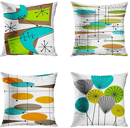Awowee Set of 4 Throw Pillow Cover 40x40cm/16x16inches Atomic Era Inspired Boomerang Design Abstract Ovals Home Decor Pillowcase Square Cushion Cover For Sofa Bed Couch