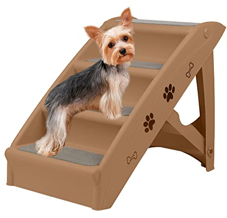 NAIZY Haustiertreppe Klappbare Hundetreppe 49cm Hoch Belastbarkeit Katzentreppe Bett mit 4 Rutschfesten Stufen Hunderampe bis zu 75kg Tiertreppe für Bett oder Sofa, Braun