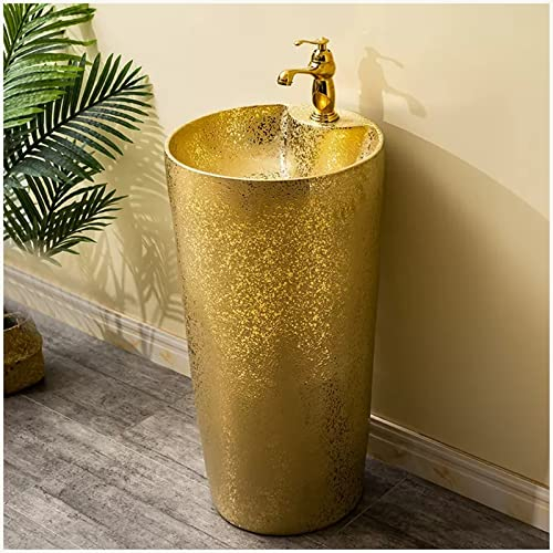 ZTGL Standwaschbecken Handwaschbecken Moderne Gold Keramik Saulenwaschbecken Rund Waschbecken mit Wasserhahn und Ablaufgarnitur, Luxus Waschtisch Säule 82x42 cm