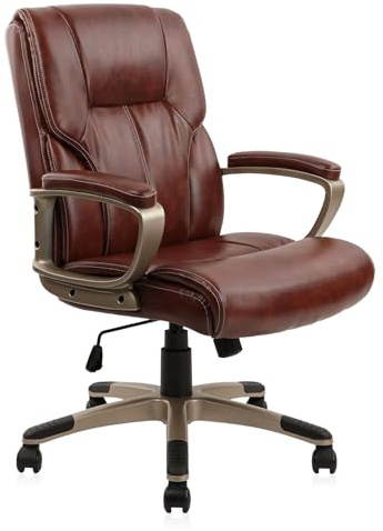 CLATINA High Back Executive Office Chair, Ergonomic PU Leather Computer Desk Chairs with Soft Padded Armrests, Adjustable Tilt Swivel Rolling Comfy Managerial Chair with Champagne Gold Legs, Brown