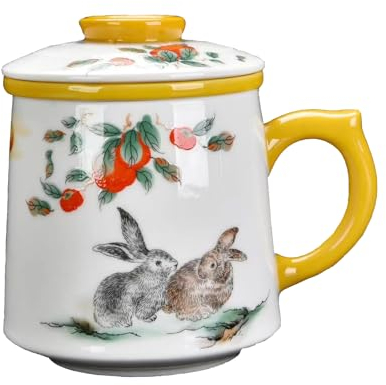 YURROAD Ceramic Tea Cup 3 in 1 Porcelain Tea Mug with Infuser/Lid/Handle Large Bone Mug 0.11gal/415ml Rabbit Pattern Tea Cup Gift for Women Personal Coffee Mugs Office/Home (White)-TC350