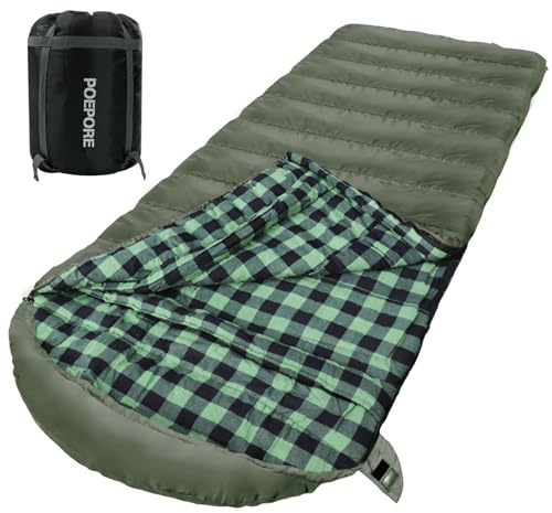 Poepore Schlafsack Outdoor Winter für Erwachsene Extra Breit 3-4 Jahreszeiten XXL Schlafsäcke Warmer Baumwolle Flanell Deckenschlafsack beim Camping Wandern Abenteuern 230 * 100CM Olive
