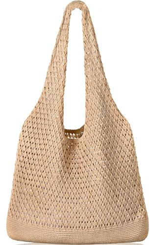 WantGor Crochet Bags, Beach Mesh Tote Bag Womens Shoulder Shopping Handbag Casual Travel Totes Bag Foldable Hobo Bags (Khaki)