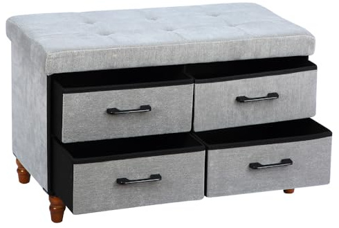 Easylife Ottoman Storage Bench With Drawers (Grey). Folding Storage Unit for Linen or Shoes (H46 x W76 x D39cm). Doubles as a Footstool/Coffee Table. Storage Boxes With Lids - Fully Guaranteed