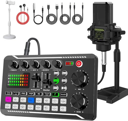 Paquete de equipo de podcast, mezclador de DJ de interfaz de audio todo en uno con micrófono, soporte, auriculares para monitor, soporte para teléfono móvil, mezclador de audio con tarjeta de sonido