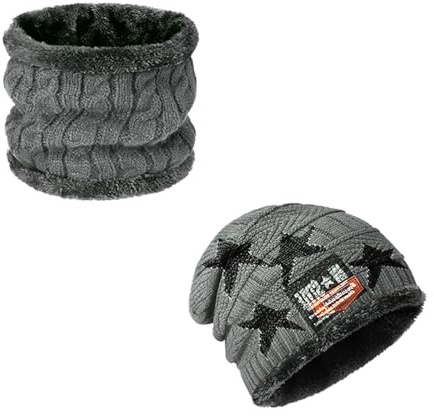 Ajuanbazha Conjunto de Gorro y Bufanda de Invierno para Niños, Gorro de Punto Térmico con Forro Polar de Punto 2 en 1, Accesorios Calientes para Niños y Niñas de 4 a 15 Años (Gris)
