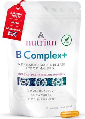 Vitamin B Complex 60 Sustained Release Capsules All 8 B Vitamins B1-B2-B3-B5-B6-B12 5-MTHF High Strength with Biotin for Energy, Skin & Hair, Brain, Immunity and Fatigue Support - Vegan - UK Made