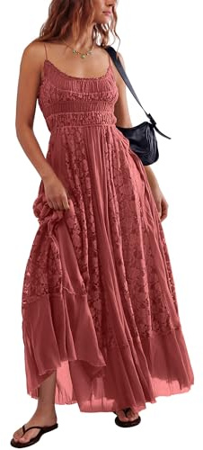 Gacaky Summer Dress for Women Casual Lace Floral Embroidered Bohemian Maxi Dress Flowy A Line Beach Long Dresses Rose Medium
