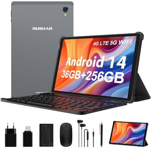 RUSHAR Tablet 10.4 Pulgadas Android 14 con 36GB RAM+256GB ROM (2TB TF), 4G LTE+5G WiFi, Octa-Core 2.0GHz, INCELL 2000x1200, 8000mAh, 13MP+8MP, Teclado, GPS/Bluetooth, Gris