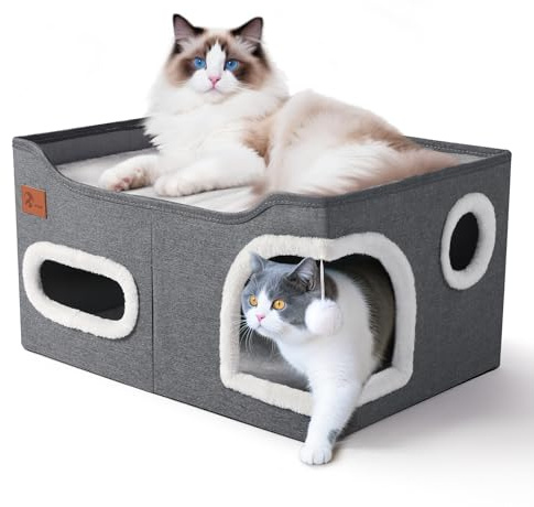 Petizer Cat House for Indoor Cats - Foldable Large Cat Bed Cave with Fluffy Ball and Scratch Pad, Cat Hideaway for Cats, Dark Grey, 23.8 x16.34 x12.8inch (Can Add Pet Heating Pad)
