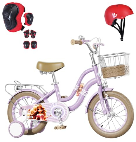 Habib Gruppe Bicicleta clásica para niña, 14 Pulgadas, diseño Elegante en Color Lila, Incluye Bomba de Aire y Juego de protección de 6 Piezas, Marco de Acero al Carbono y Sistema de frenado Dual