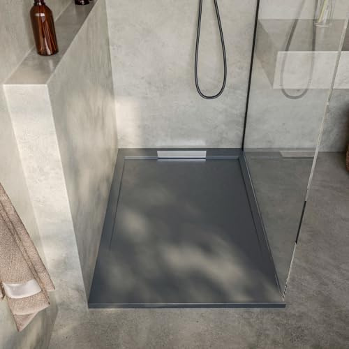 SOULBATH Plato de Ducha Extraplano Antideslizante – Resina Gel Coat - Textura Liso/Piedra – GRIS CEMENTO - 140x80 - Diseño elegante - Incluye Válvula de desagüe