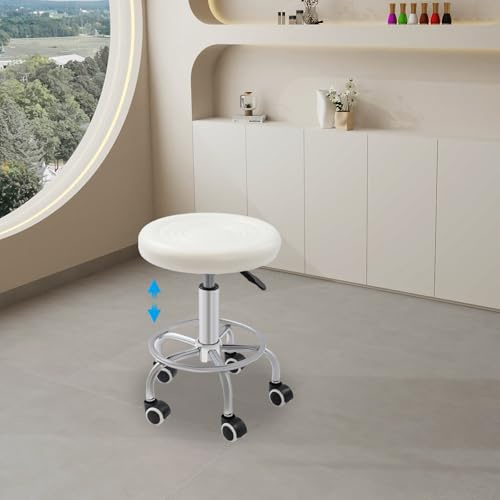 TTISJHK Ergonomischer Rollhocker mit Rückenlehne, 360° Drehbar & Höhenverstellbar, Komfortabler PU-Leder Arbeitshocker mit Rollen für Friseur, Kosmetik, Tattoo, Praxis & Büro Weiß