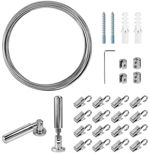Vunanvu Cable de Acero Inoxidable 5m, Barra de Alambre con 24 Clips y Ganchos Metálicos, Cuerda Tendedero para Ropa, Cuerda para Tender Ropa, Cable de Acero Inoxidable para Colgar Cortinas Fotos
